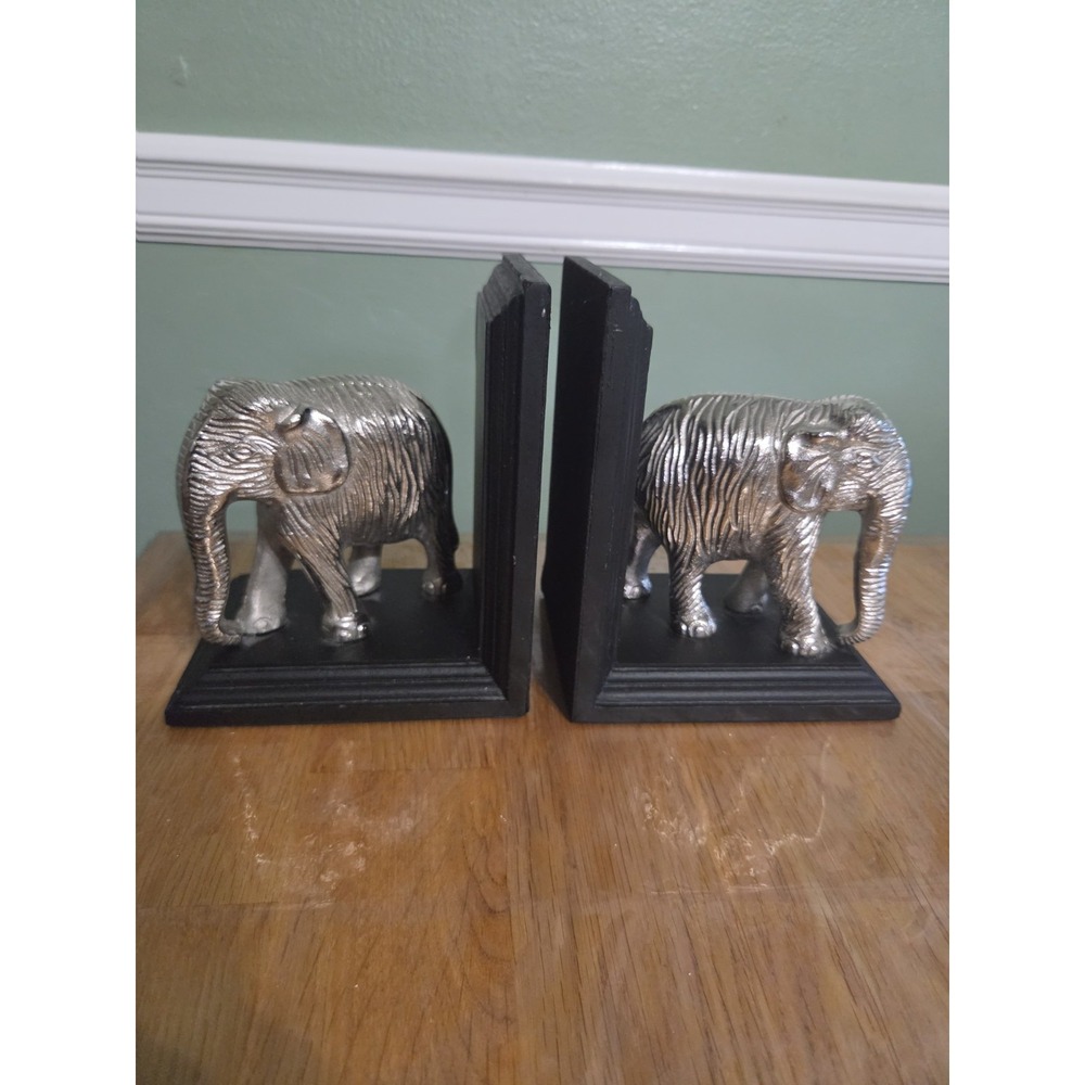 Silver Tone Elephant Bookends on Wooden Base